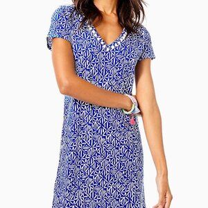 Lilly Pulitzer Etta V-Neck Pom Pom Dress in "Corsica Blue Easy Peasy" print